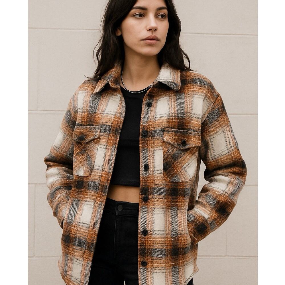 Windsor Plaid Flannel Shacket Women's Small Rust Cream Black Button Front Coat